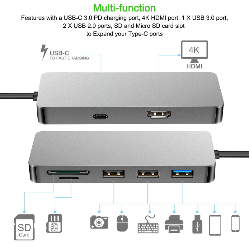 USB C Hub,7-in-1 Type C Adapter with 4K USB C to HDMI,USB C Charging Port,1 USB 3.0 Port,2 USB 2.0 Ports,SD/TF Card Reader,Compatible for MacBook Pro 2016/2017/2018,MacBook air 2018,XPS and More Space Grey - LeoForward Australia
