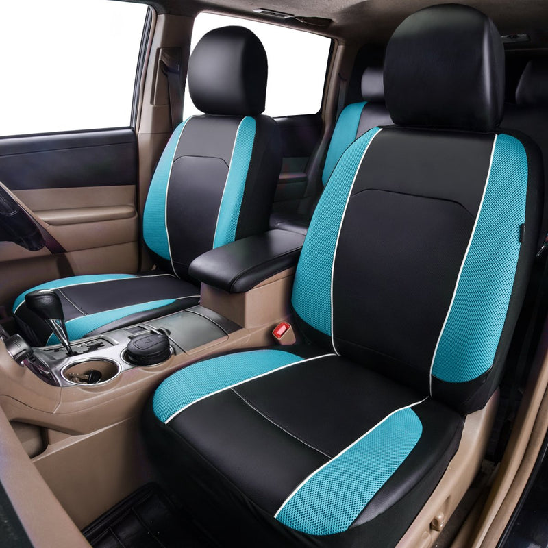  [AUSTRALIA] - HORSE KINGDOM Car Seat Covers Black Blue for Men Boy Universal Fit Cars Trucks Suvs Vans Two Front Faux Leather Airbag Compatible (Black with waterblue) black with waterblue