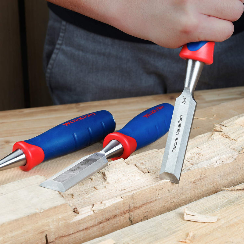  [AUSTRALIA] - WORKPRO 3-piece Wood Chisel Set, Cr-V Construction, Bi-Material Soft Grip with Hammer End for Woodworking, Carving