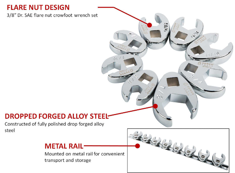  [AUSTRALIA] - Sunex 9708 3/8-Inch Drive Fractional Crowfoot Flare Nut Wrench Set, 3/8-Inch - 7/8-Inch, Fully Polished, 8-Piece