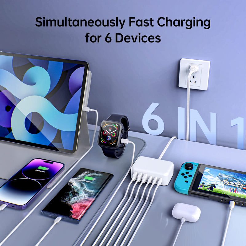  [AUSTRALIA] - USB C Super Fast Charger, BREEKET 100W Compact 6 Port USB C Charging Station, Portable GaN USB C Wall Charger Adapter 3 USB C and 3 QC USB A for All iPad iPhone 14 13 12 11 Pro Max Pixel Note Galaxy