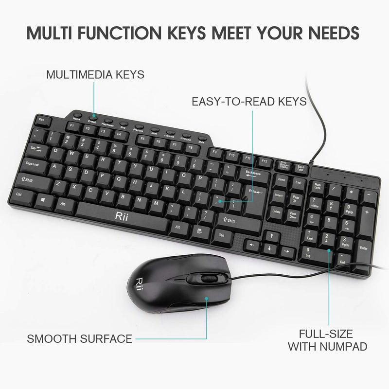 Wired Keyboard and Mouse,Rii RK203 Ultra Full Size Slim USB Basic Wired Keyboard Mouse Combo Set with Number Pad for Computer,Laptop,PC,Notebook,Windows (1 Pack) 1 PACK - LeoForward Australia