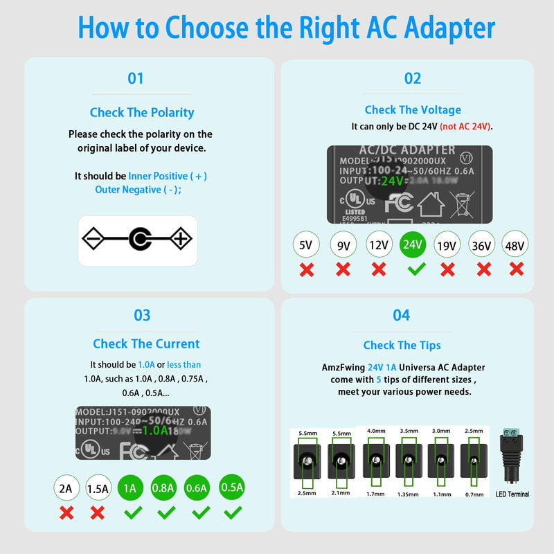  [AUSTRALIA] - 24V power supply 24 Volt 1A power supply charger 24Vdc 24W transformer, for LED strip light diffuser massager sound bar children's scooter, with 5 DC plugs.