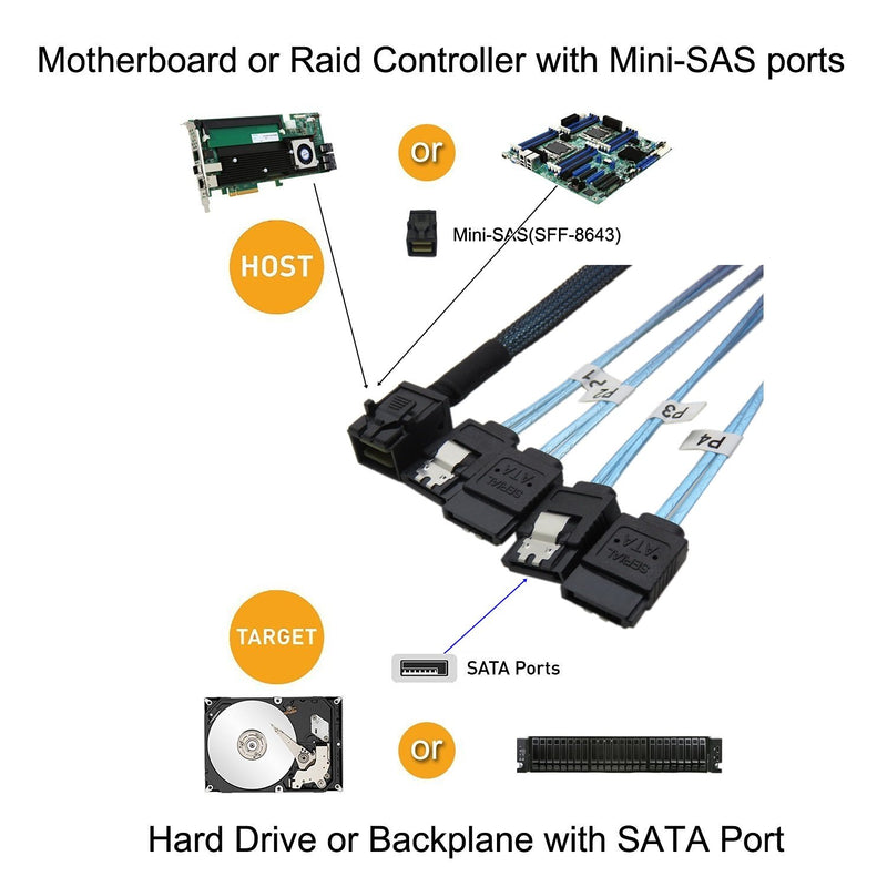 CABLEDECONN Internal HD Mini SAS (SFF-8643 Host) to 4X SATA (Target) Hard Drive Cable (100CM) 100CM - LeoForward Australia