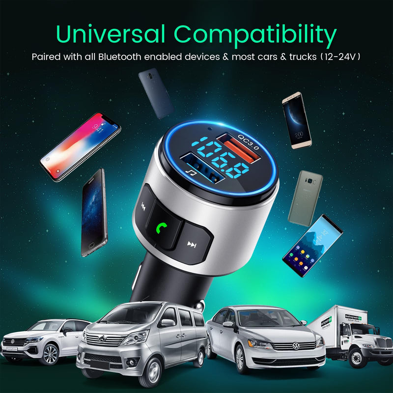  [AUSTRALIA] - Octeso Upgraded V5.0 FM Bluetooth Transmitter Car, QC3.0 & LED Backlit Wireless Bluetooth FM Radio Adapter Music Player/Car Kit with Hands-Free Calls, Siri Google Assistant-Silver Silver