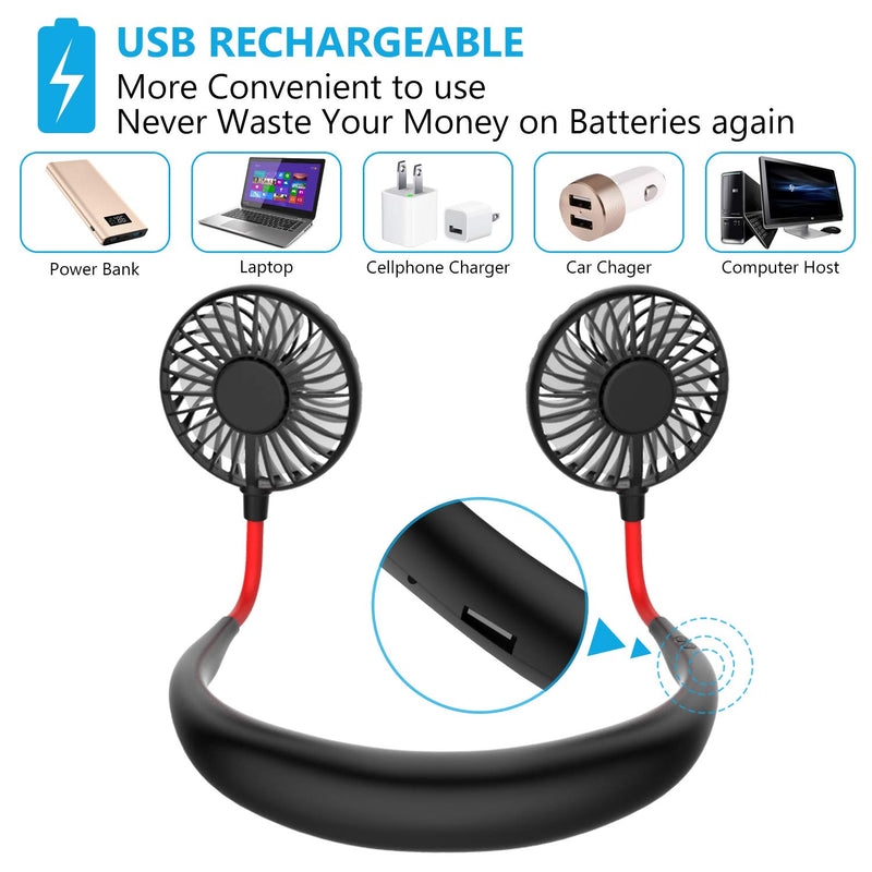  [AUSTRALIA] - Hands Free Portable Neck Fan - Rechargeable Mini USB Personal Fan Battery Operated with 3 Level Air Flow, 7 LED lights for Home Office Travel Indoor Outdoor (Black) Black