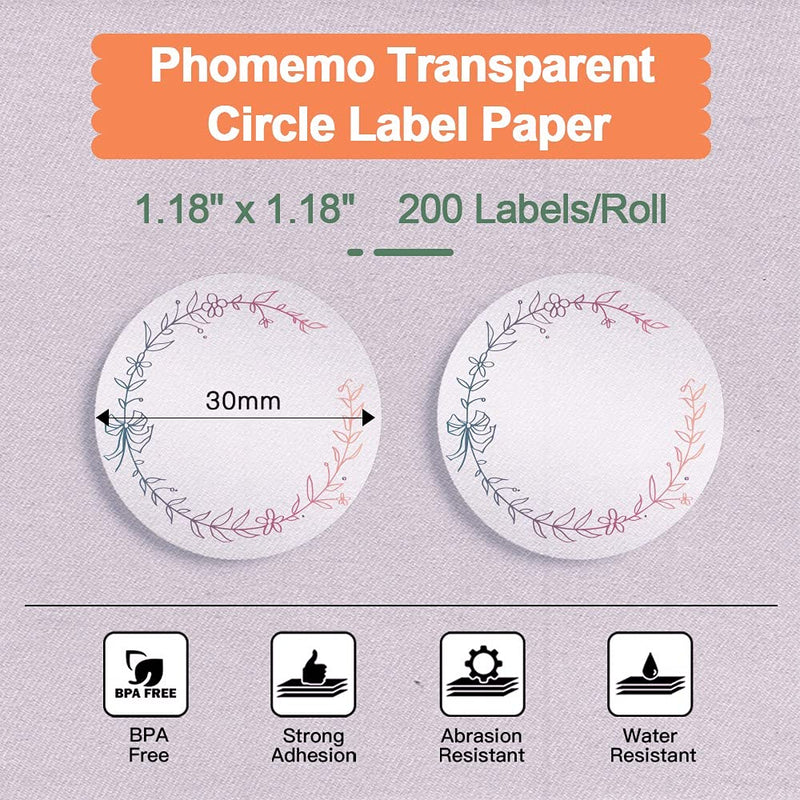 Phomemo M200/M110S Circle Transparent Thermal Label Paper with Border,1.18"x 1.18"(30x30mm), 200 Labels/Roll,Black on Clear 30mmX30mm - LeoForward Australia