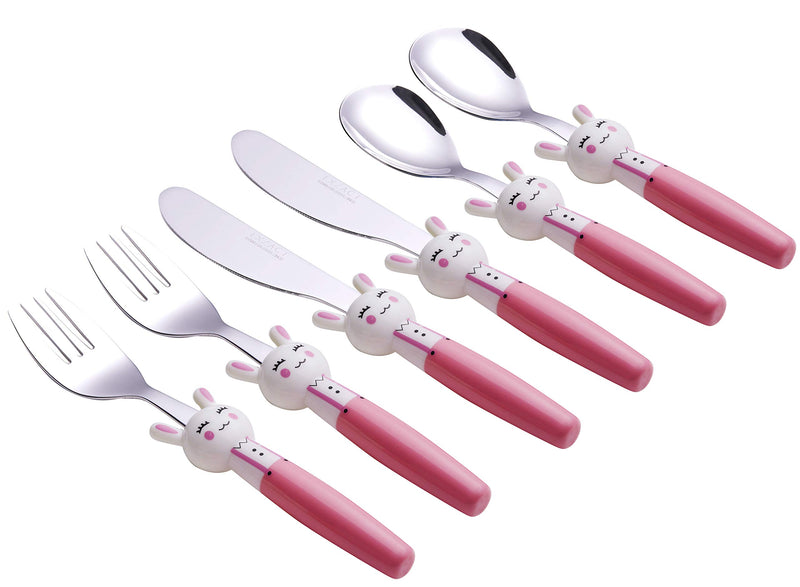  [AUSTRALIA] - Exzact Children's Flatware 6 Pieces Set - Stainless Steel Cutlery/Silverware - 2 x Safe Forks, 2 x Safe Table Knife, 2 x Tablespoons - Toddler Utensils for Lunch Box Plastic Handles BPA Free Rabbit