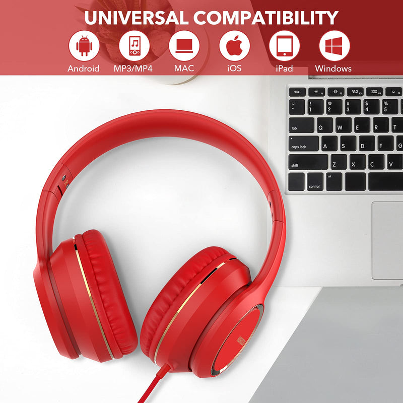  [AUSTRALIA] - RORSOU R8 On-Ear Headphones with Microphone, Lightweight Folding Stereo Bass Headphones with 1.5M No-Tangle Cord, Portable Wired Headphones for Smartphone Tablet Computer MP3 / 4 (Red) Red