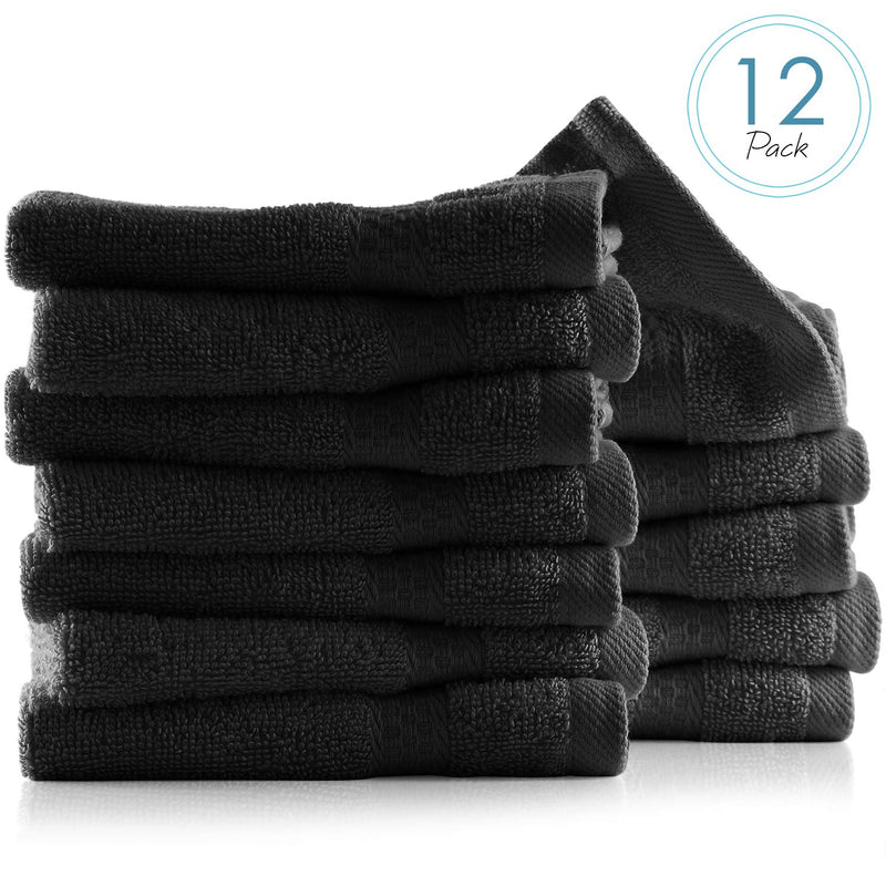  [AUSTRALIA] - Hearth & Harbor 500 GSM Hand & Bath Towel Collection – 100% Cotton Luxury Set of 12 Multipurpose Wash Cloths – 12-Pack of 13”x13” Ultra Soft & Highly Absorbent Washcloths for Face & Body - Black 12 washcloths