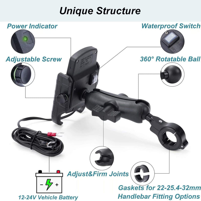  [AUSTRALIA] - iMESTOU Motorcycle Wireless Phone Mount 15W Qi Charger 1" Ball Stem Socket Handlebar Cell Phone Holder 360 Rotation Waterproof with Switch for iPhone Samsung Sony max. 90mm(W) 11mm(THK) Smartphones