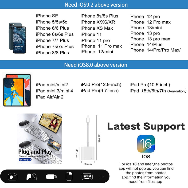  [AUSTRALIA] - Lightning to USB Camera Adapter for iPhone with Charging Port USB 3.0 Female OTG Cable for iPad to Connect Card Reader USB Flash Drive U Disk Keyboard Mouse Hubs Midi