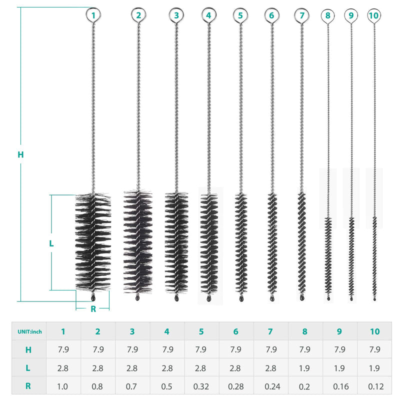 Bottle Cleaning Brushes, 8 Inch Nylon Tube Brush Set, Cleaner for Narrow Neck Bottles Cups with Hook, Set of 10pcs Black - LeoForward Australia