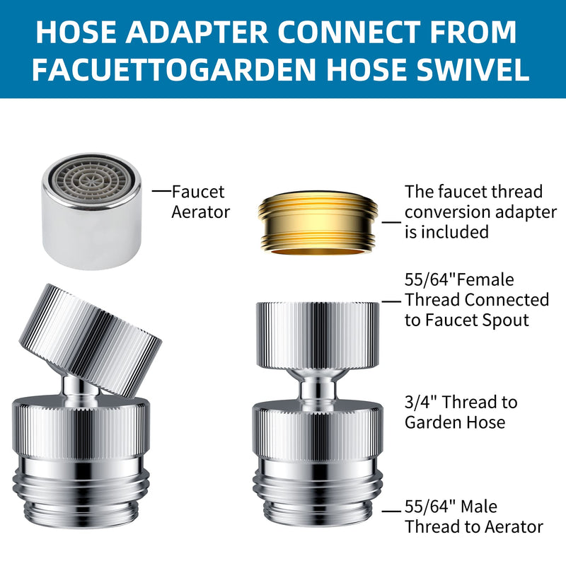  [AUSTRALIA] - Garden Hose to Faucet Adapter, Sink Garden Hose Attachment Connection for Sink kitchen Sink Garden Hose Adapter Connector 360-degree Swivel 55/64 inch Female Thread- Chrome Finished Garden Hose Adapter-Female Thread