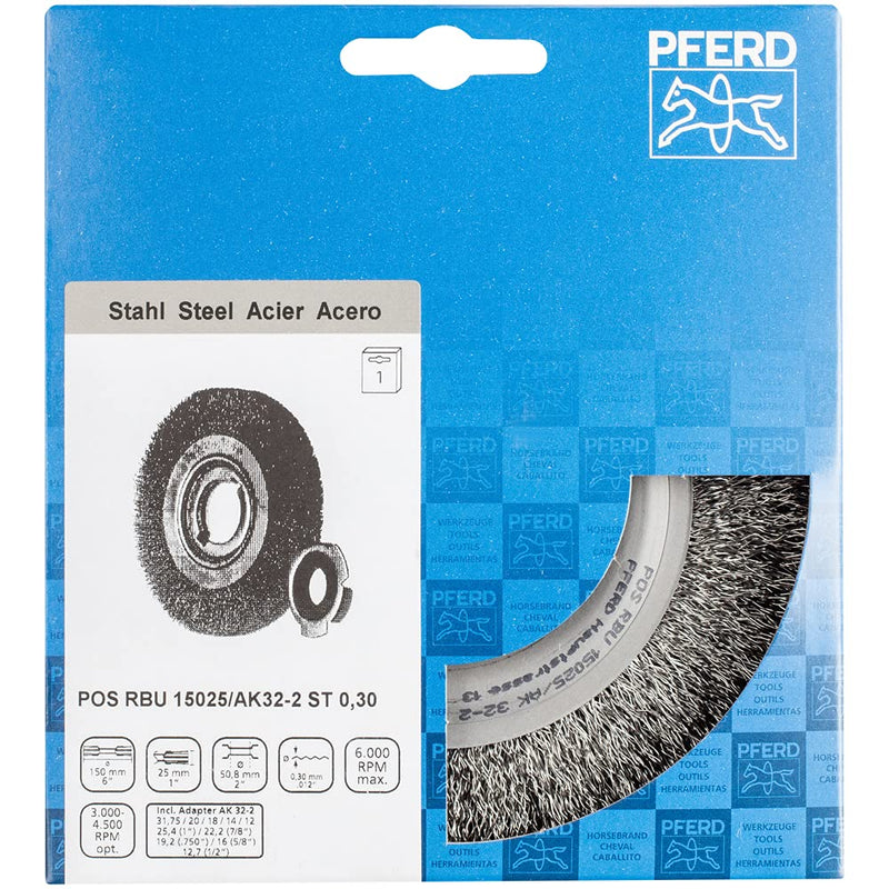  [AUSTRALIA] - PFERD POS round brush wide untangled RBU | Ø 150x25xvariable bore steel wire Ø 0.30 | 43701209 – for the grinder round brush with bore 50.8 mm Ø 150 untangled; Filling material steel 0.30 mm