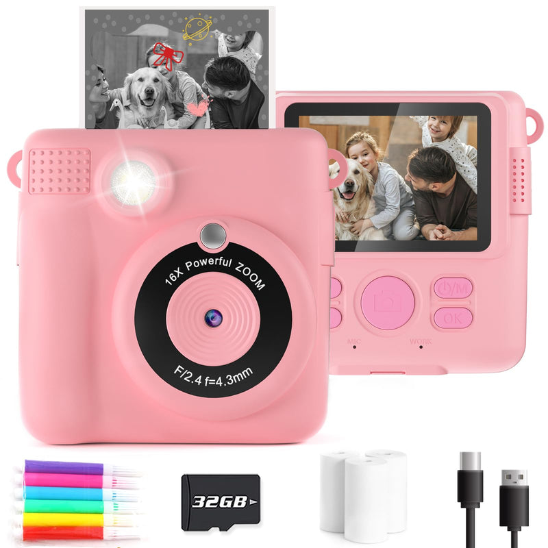  [AUSTRALIA] - Anchioo Instant Print Toy Camera for Toddlers Age 3-8,Boys and Girls Birthday Gifts with 1080P HD Video Recording,Kids Selfie Digital Camera Electronic Travel Game with Photo Paper 6 Color Pens - Pink pink camera set