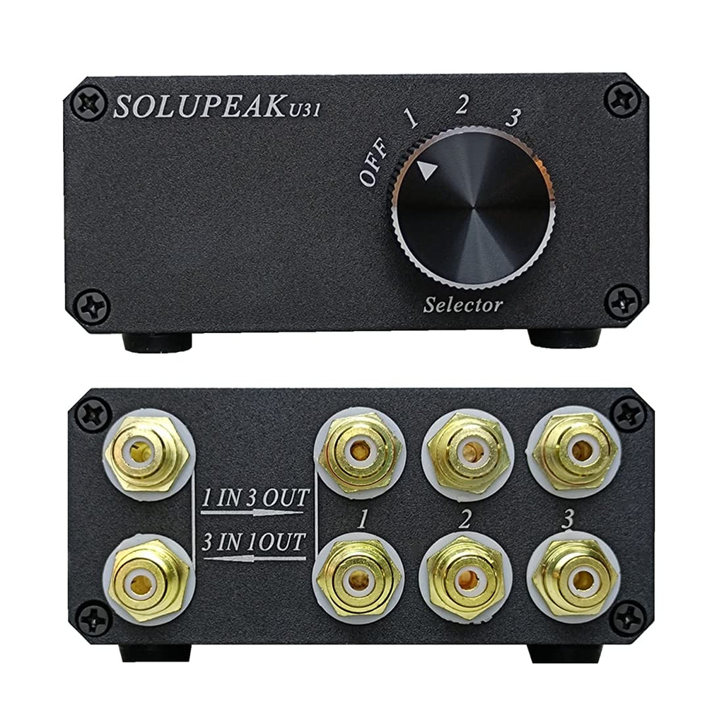  [AUSTRALIA] - SOLUPEAK U31 Premium RCA Switch Box, 3 in 1 Out Audio Switch, Stereo Switch Box with Signal Lossless, Sturdy Aluminum case Strong Anti-Interference, Compact Connector Distributor RCA Splitter Boxes 3-WAY RCA Switch(3 IN 1 OUT)-Standard version