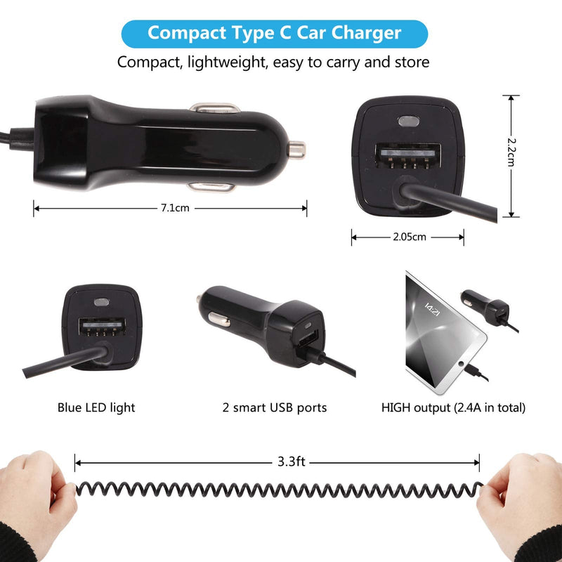  [AUSTRALIA] - 2Pack 2.4A Fast Charging USB C Car Charger Adapter with 3ft Type C Coiled Cable for Samsung Galaxy S20 FE S20 Plus Ultra S10 Lite S10e S9 S8+ A01 A10E A11 A20 A21 A30S A50 A51 5G A71, LG Stylo 6 5 4