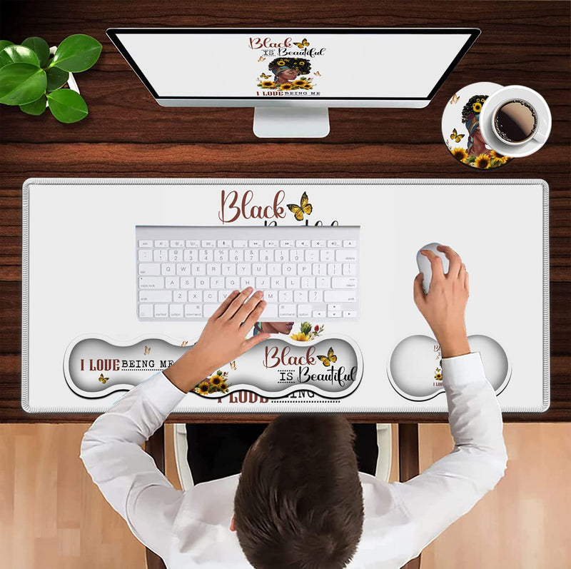  [AUSTRALIA] - Desk Pad, Large Gaming Mouse Pad Extended Thick Writing Pads, Ergonomic Keyboard Wrist Rest with Non-Slip Rubber Base Office Desk Mat Sunflower Black Women Butterfly Faith Art Black Mousepad JV-mouse pad-8-58