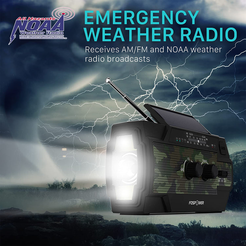  [AUSTRALIA] - FosPower 4000mAh NOAA Emergency Weather Radio (Model A3) Portable Power Bank w/Solar Charging, Hand Crank & Battery Operated, SOS Alarm, Motion Sensor Setting, AM/FM & Flashlight for Emergency - Camo Camo Green