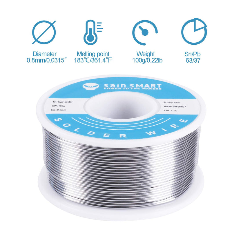  [AUSTRALIA] - SainSmart 0.8mm Solder Wire 63/37 Tin/Lead Sn63Pb37 with Flux Rosin Core for Electrical Soldering (100g /0.22lbs) 0.8mm/100g