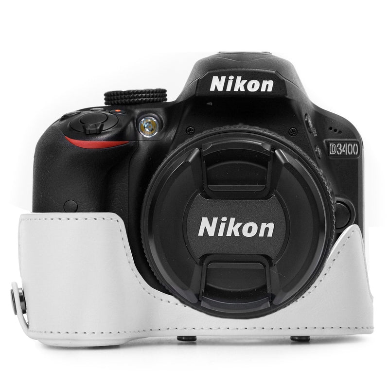  [AUSTRALIA] - MegaGear Ever Ready Leather Camera Case Compatible with Nikon D3400 White