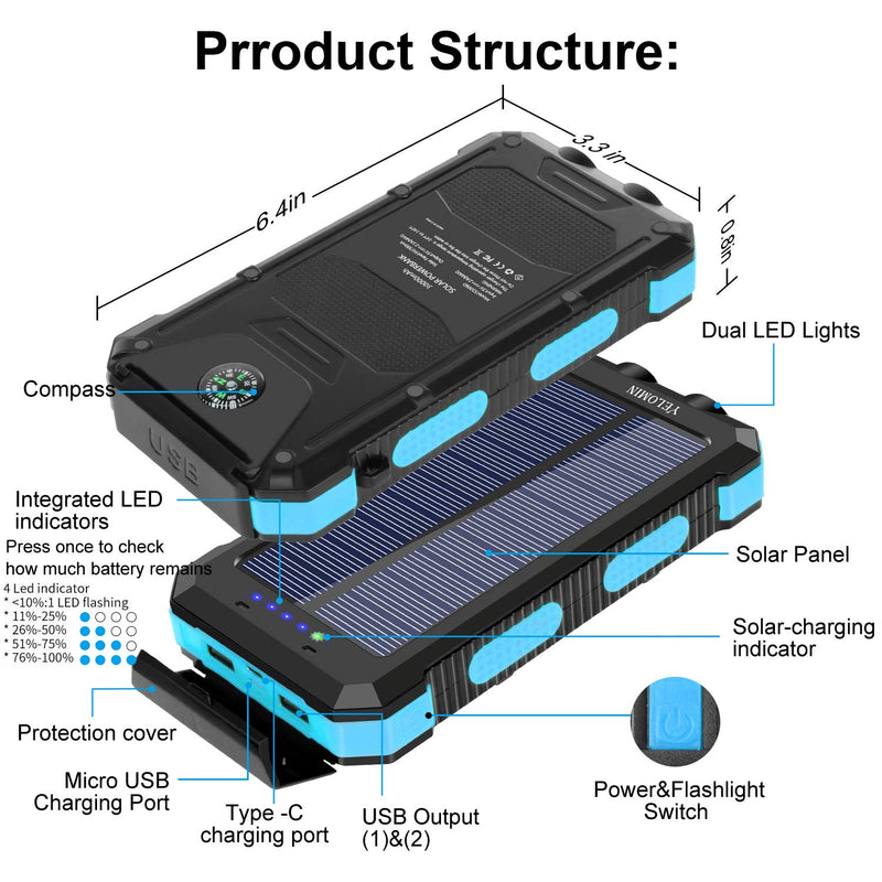 Solar Charger 30000mAh,YELOMIN Portable Outdoor Solar Power Bank with Type-C Input Port Dual Flashlights & USB Outputs External Backup Battery Pack for Cellphones,Tablets and More(Blue) Blue - LeoForward Australia