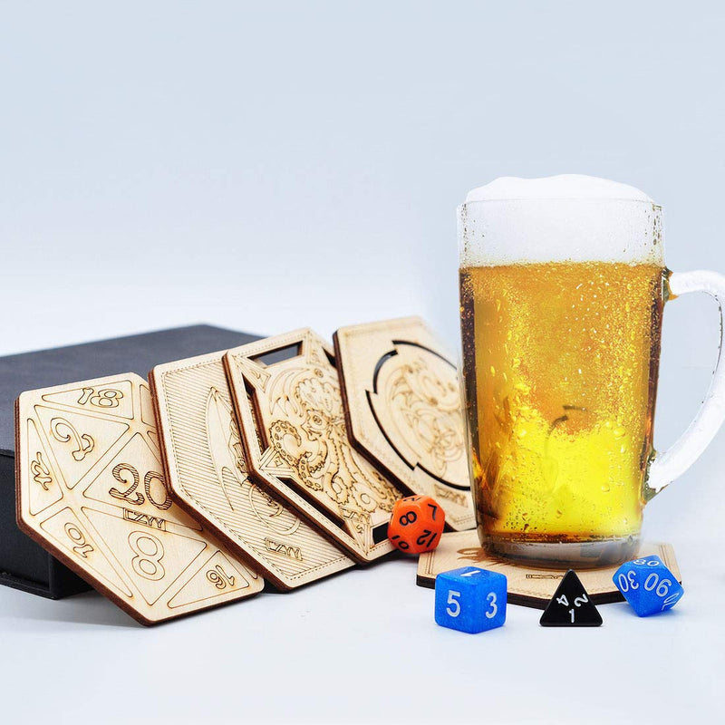  [AUSTRALIA] - D&D Decorative Wood Coasters Cool & Unique Table Mug Cup Mats Laser Engraved with Dragon, D20 and Cthulhu (Set of 5) D&d Elements