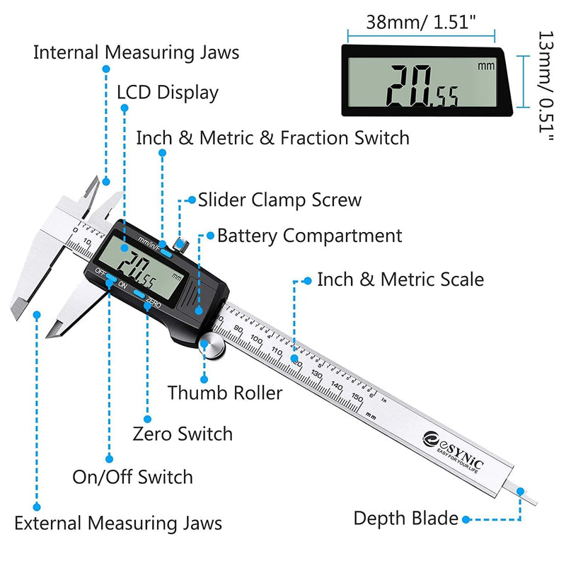  [AUSTRALIA] - eSynic Digital Caliper 150mm/6 Inch Stainless Steel Caliper Electronic Caliper Inch/Metric/Fraction Conversion for Distances Diameter, Depth, Inner Diameter, Outer Diameter, Black... Model A-Black