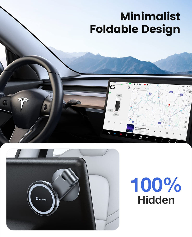  [AUSTRALIA] - VICSEED Tesla Phone Mount【Strongest Magnet Power】MagSafe Car Mount for Tesla Model 3 Model Y, Foldable Hidden Tesla Phone Holder Fit for All Phone, Tesla Model 3 Accessories, Tesla Model Y Accessories