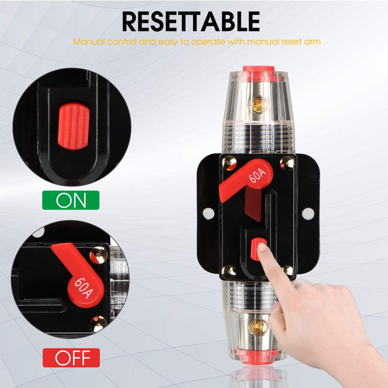  [AUSTRALIA] - M1A2 Circuit Breaker Switch 60A Waterproof Fuse Inline Holder 3-15 AWG Resettable Fuse Manual Reset 12V-48V DC for Car Audio Sound Amplifier System RV Home Marine Boat Truck 60A-with accessories