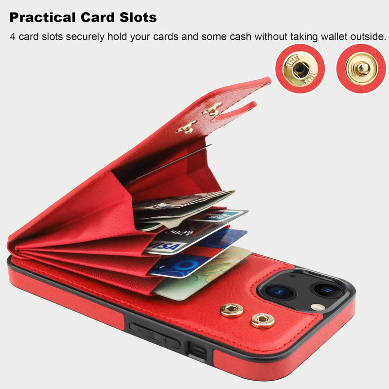  [AUSTRALIA] - Folosu Compatible with iPhone 13 Case Wallet with Card Holder, 360°Rotation Finger Ring Holder Kickstand Protective RFID Blocking PU Leather Double Buttons Flip Shockproof Cover 6.1 Inch Red