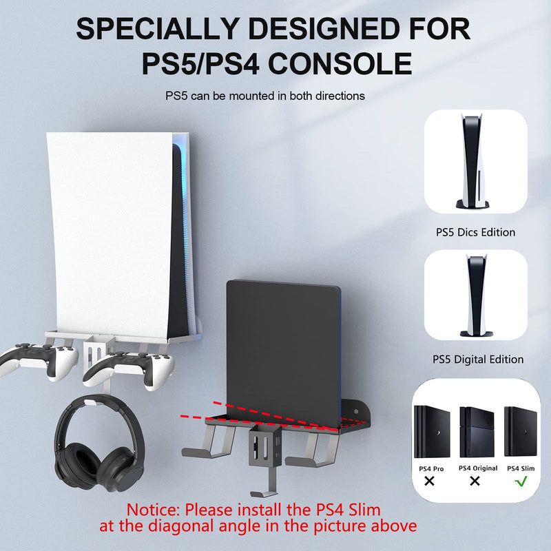  [AUSTRALIA] - BELOPERA Ps5/Ps4 Wall Mount kit, 6-in-1 PS5 (Disc and Digital) Metal Wall Mount Stand with 2 Detachable Controller Hanging Bracket/Headset Hanger/Remote Box/Charging Cable – White