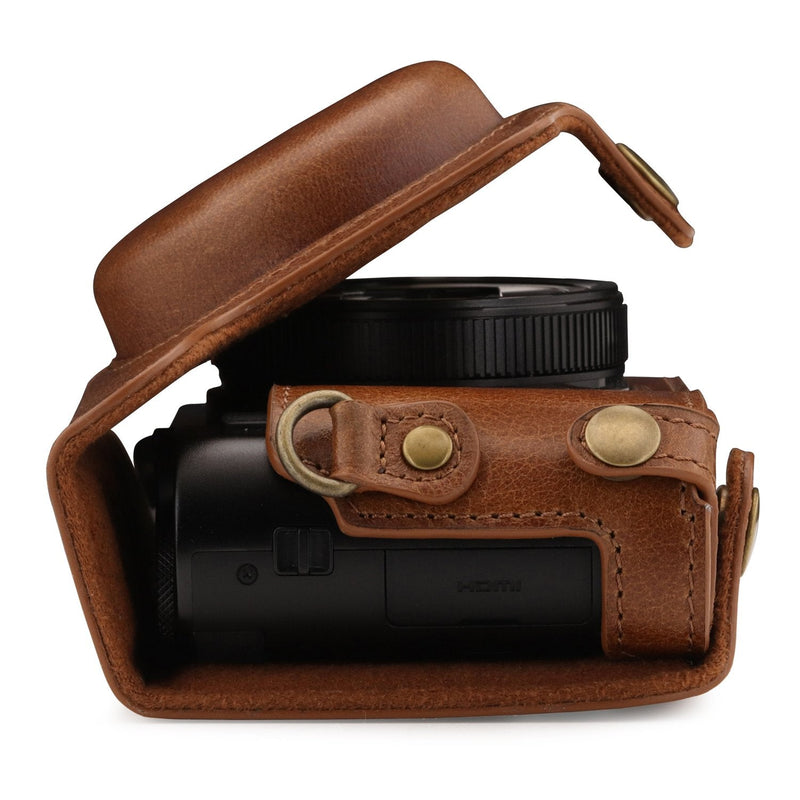  [AUSTRALIA] - MegaGear Ever Ready Genuine Leather Camera Case Compatible with Panasonic Lumix DMC-ZS100, DC-ZS200 Brown