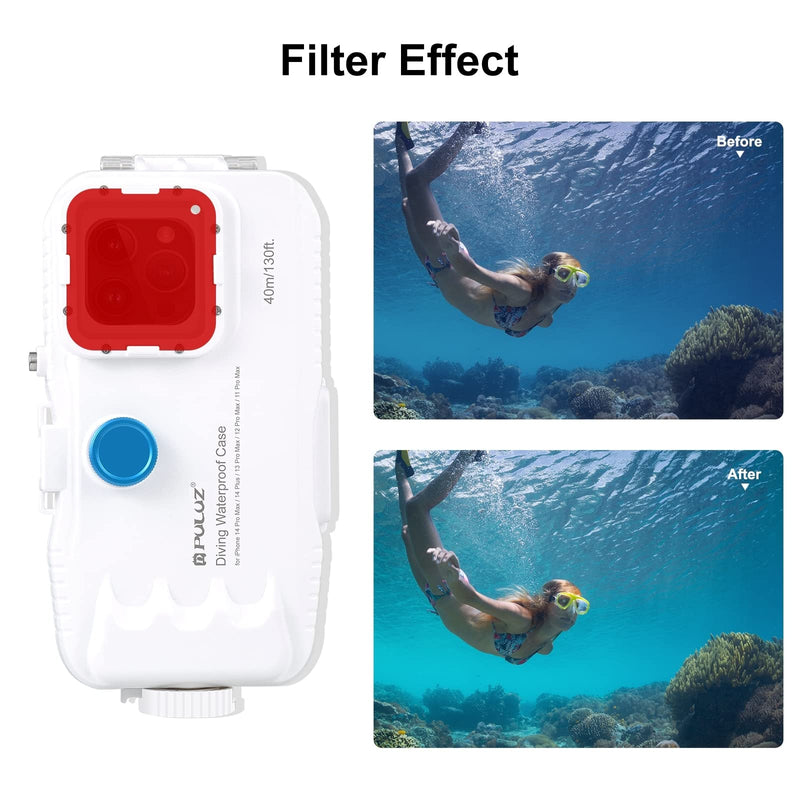  [AUSTRALIA] - PULUZ 40m/130ft Waterproof Diving Case for iPhone 14 Plus / 14 Pro Max / 13 Pro Max / 12 Pro Max / 11 Pro Max, for Surfing Snorkeling Floating Photo Video Taking Underwater Housing Cover White