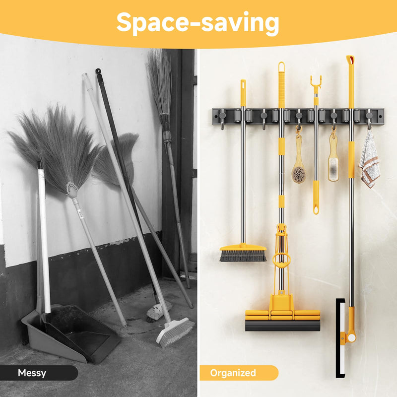  [AUSTRALIA] - Broom holder wall, device holder, broom holder, self-adhesive, stainless steel garden tool holder, tool holder, hanging broom without drilling, 4 holders and 5 hooks for home, kitchen, bathroom, garage, garden