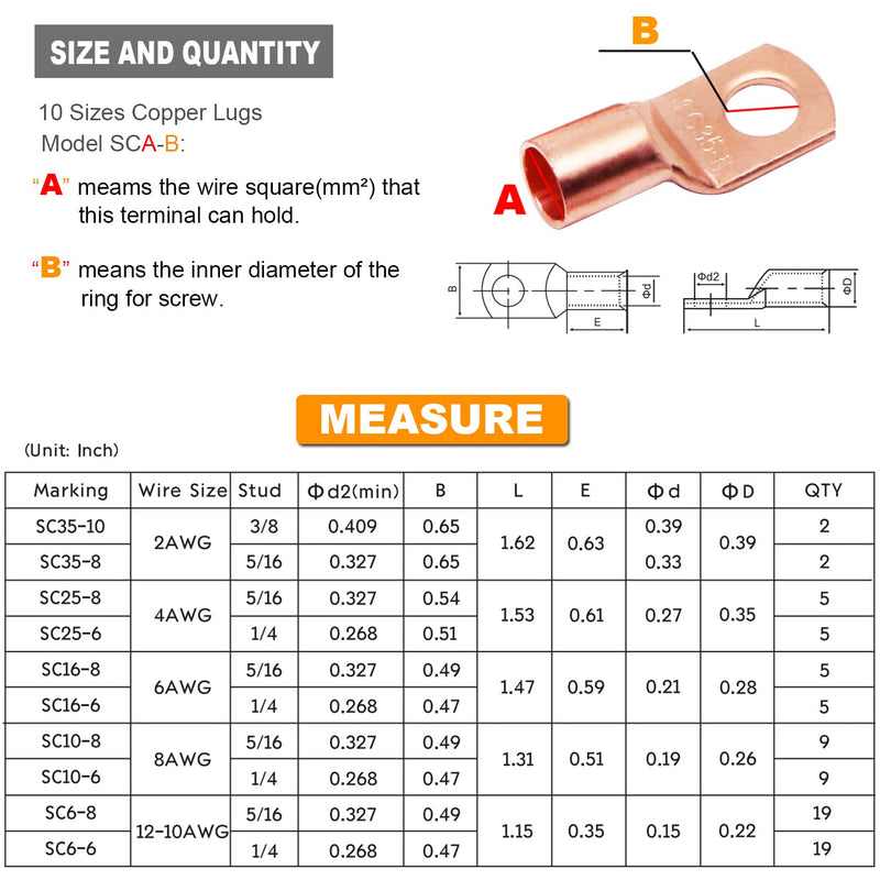  [AUSTRALIA] - TKDMR 160Pcs Copper Wire Lugs AWG2 4 6 8 10 12 with Heat Shrink Set, 80Pcs Battery Cable Lugs Battery Cable Ends Ring Terminals Connectors with 80Pcs Heat Shrink Tubing Assortment Kit 10 Kind Sizes 160