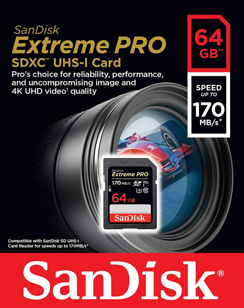  [AUSTRALIA] - SanDisk Extreme Pro 64GB Memory Card Works with Nikon D5300, D850, D3300, A900, D3400 DSLR Camera SDXC 4K Bundle with (1) Everything But Stromboli 3.0 SD/Micro Reader