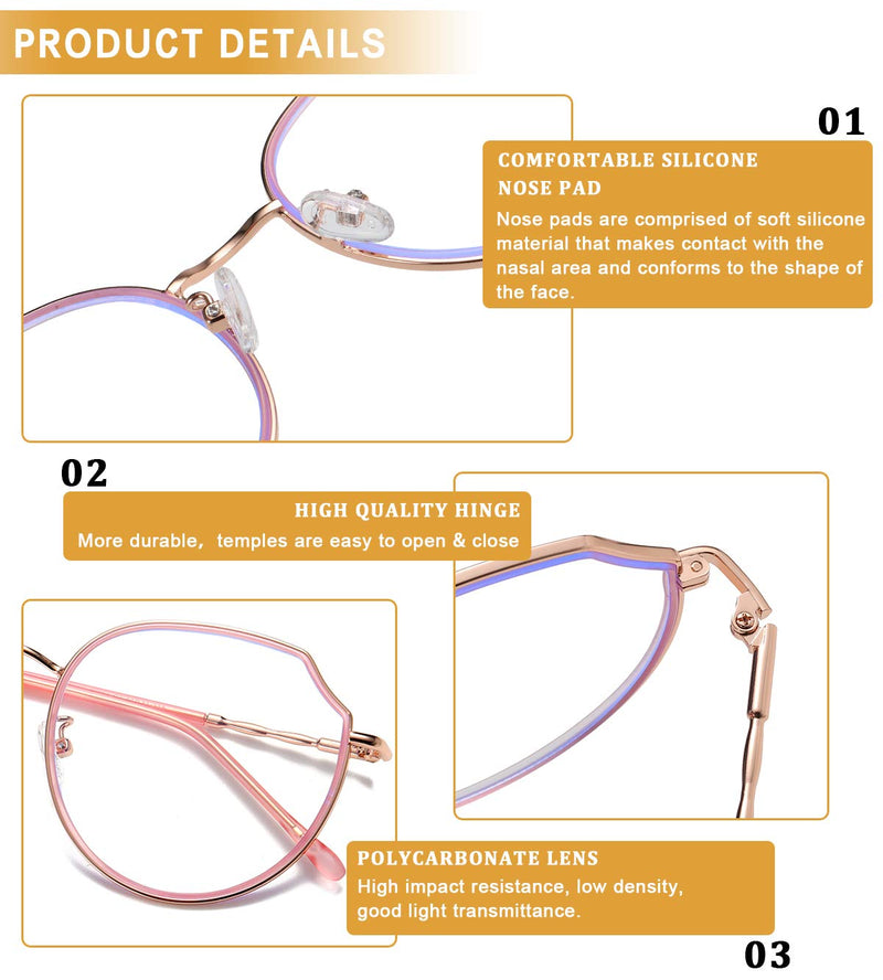 Duco Blue Light Glasses for Women Men Computer Gaming Glasses for Teens Anti Eyestrain Round Reading Eyeglasses W014 Pink Rose - LeoForward Australia