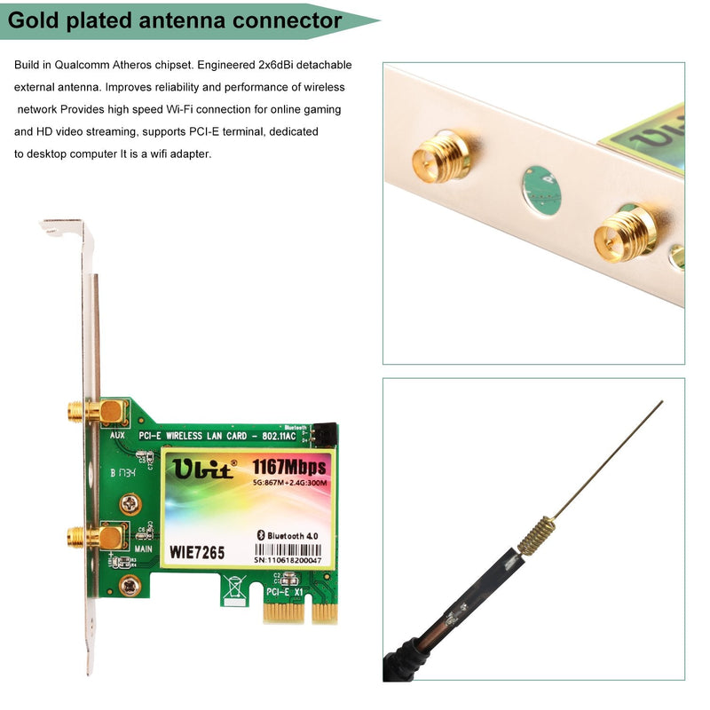  [AUSTRALIA] - Ubit Wireless Network WiFi Card, Dual Band Wireless-AC 7265, AC1200Mbps BT 4.0 Card, 6dBi Antenna Wireless Dual Band (5G/2.4G) Gigabit Network Adapter Wireless Card for Desktop PC