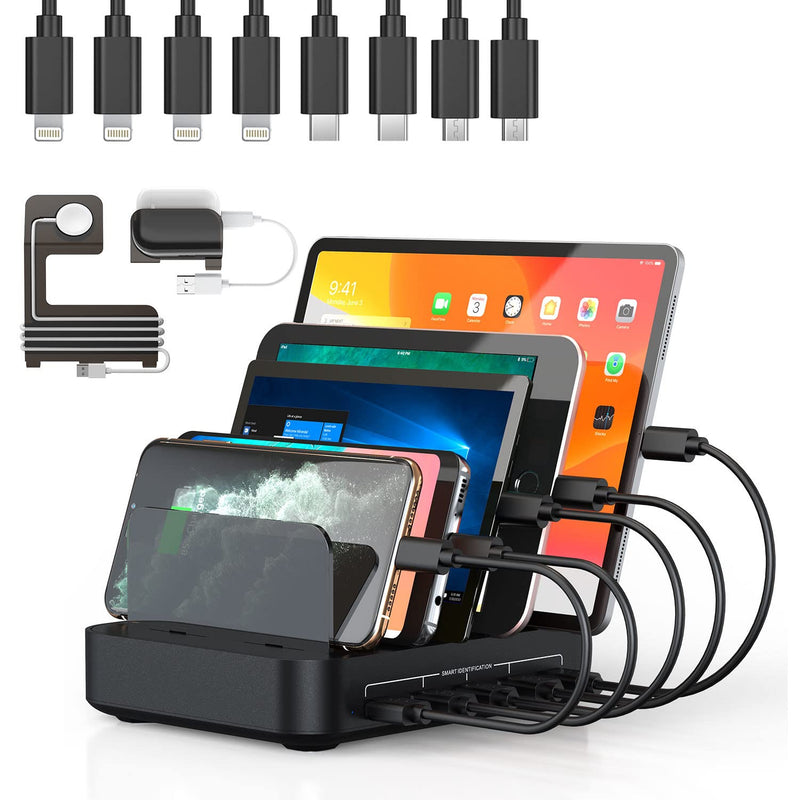  [AUSTRALIA] - Charging Station for Multiple Devices, 5 in 1 Multi USB Charger Station with iWatch & Airpod Stand and 8 Mixed Short Cables, 50W Charging Dock Compatible with iPhone, iPad, Cell Phone, Tablets Black