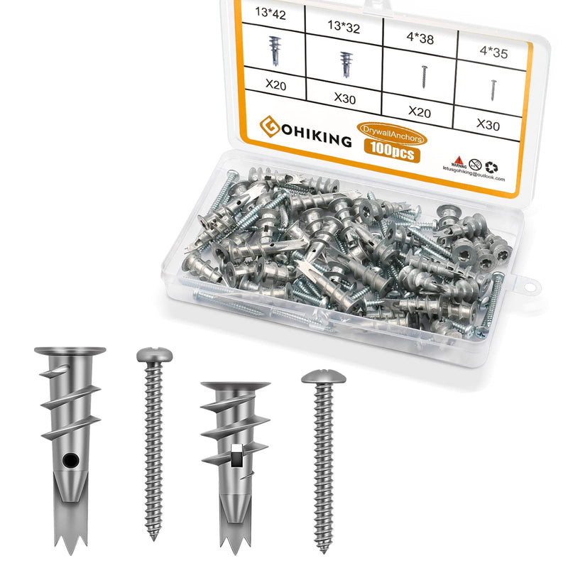  [AUSTRALIA] - 100 Pcs Zinc Self-Drilling Drywall Anchors with #8 Stainless Steel Screws Kit, 50 Heavy Duty Metal Wall Anchor and 50 Screws 100 Pcs (50 Anchors + 50 Screws)