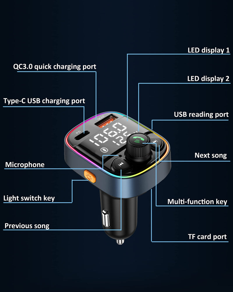  [AUSTRALIA] - LIHAN Wireless Bluetooth Car Adapter,FM Transmitter AUX Radio Receiver,Handsfree Call,QC3.0 & Type-C USB Car Charger Ports, 7 Color Backlit with 2 LED Display, TF Card & USB Music Player