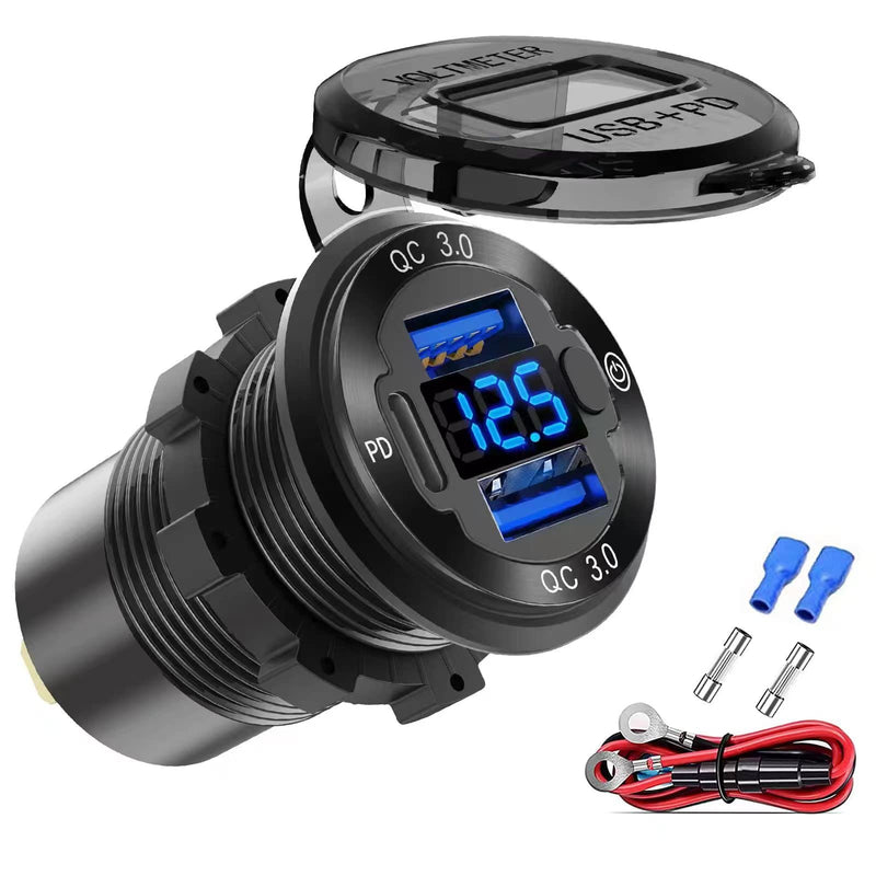  [AUSTRALIA] - 12V USB Outlet Wire Aluminum Car Charger Multi Port, Dual USB Quick Charge 3.0 Port and PD USB C Socket with Voltmeter Switch for Car Boat Marine Truck RV, Fast Charge for iPhone iPad Android Phones