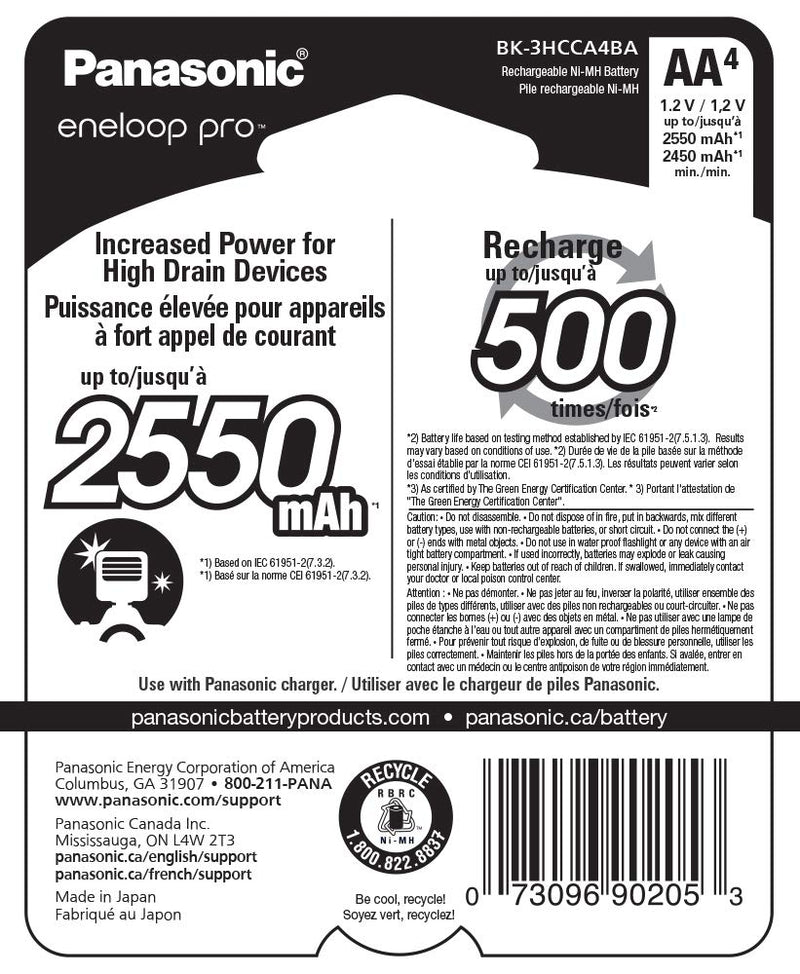 Panasonic BK-3HCCA4BA eneloop pro AA High Capacity Ni-MH Pre-Charged Rechargeable Batteries, 4 Pack, Black 4-Pack Batteries only - LeoForward Australia