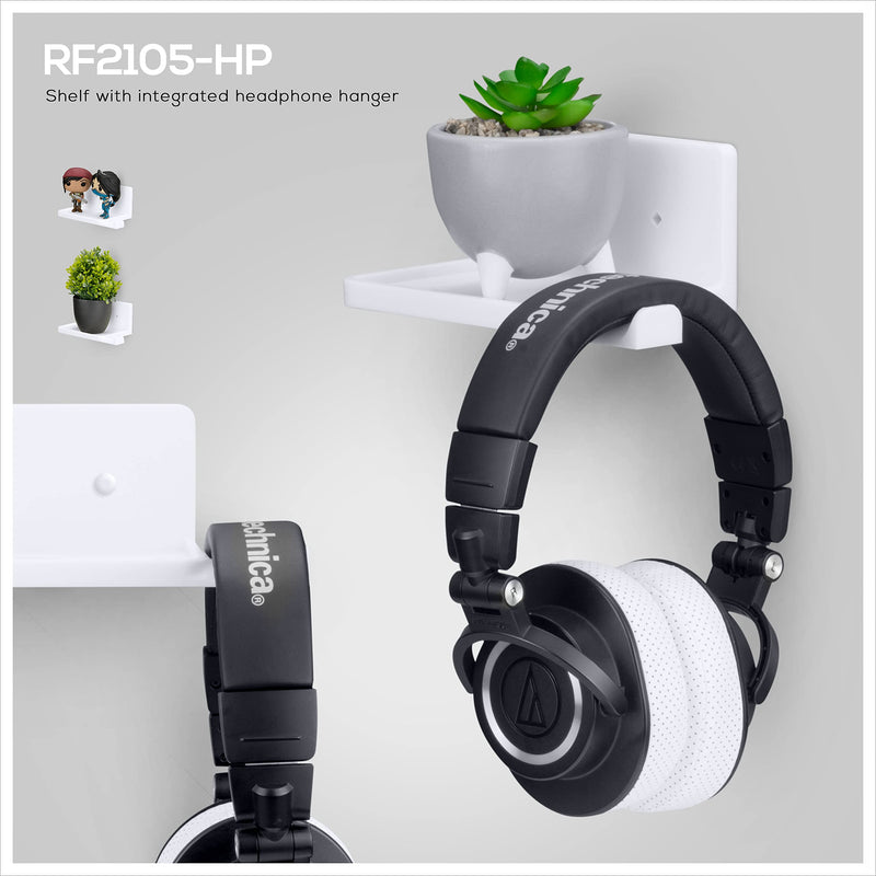  [AUSTRALIA] - BRAINWAVZ [EOL] 5” Small Shelf with Headphone Hanger, Adhesive & Screw in, for Bluetooth Speakers, Cameras, Plants, Toys, Books & More (RF2105-HP, White) [EOL] SideShelf Headphones