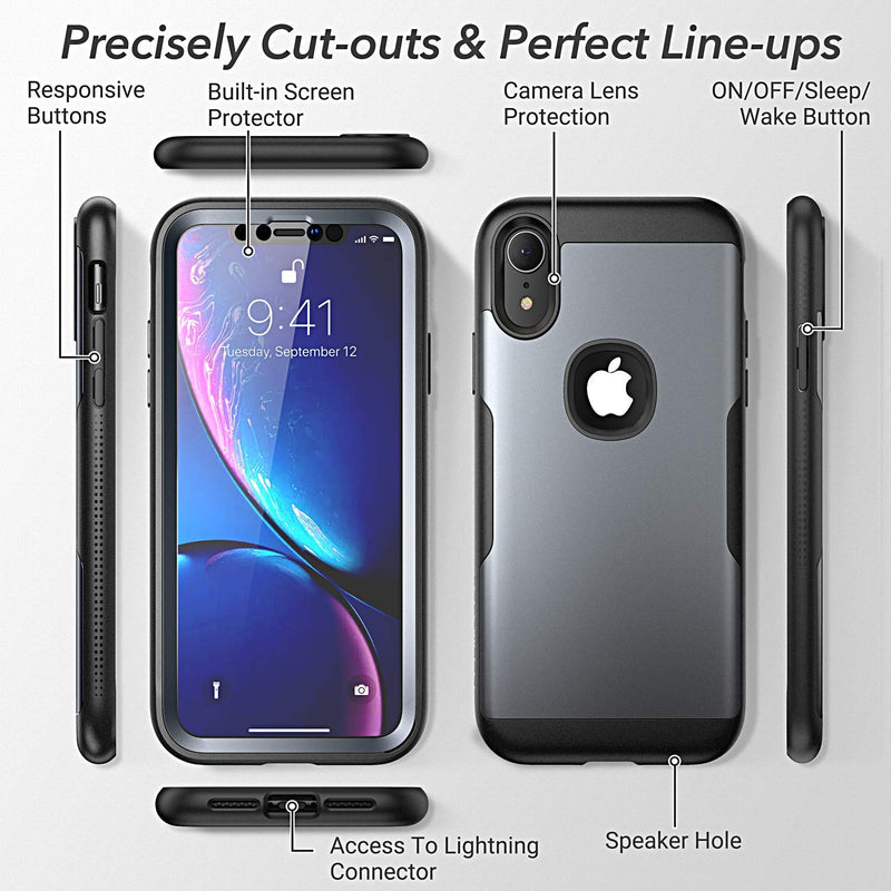 YOUMAKER Metallic Designed for iPhone XR Case, Full Body Rugged with Built-in Screen Protector Slim Fit Shockproof Cover for iPhone XR 6.1 Inch - Black - LeoForward Australia