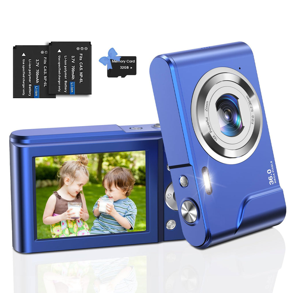  [AUSTRALIA] - Digital Camera, Bofypoo FHD 1080P 36MP Kids Vlogging Camera with 32GB Card, 16X Zoom Point and Shoot Digital Camera, Portable Mini Camera Compact Camera for Teens,Beginners Blue