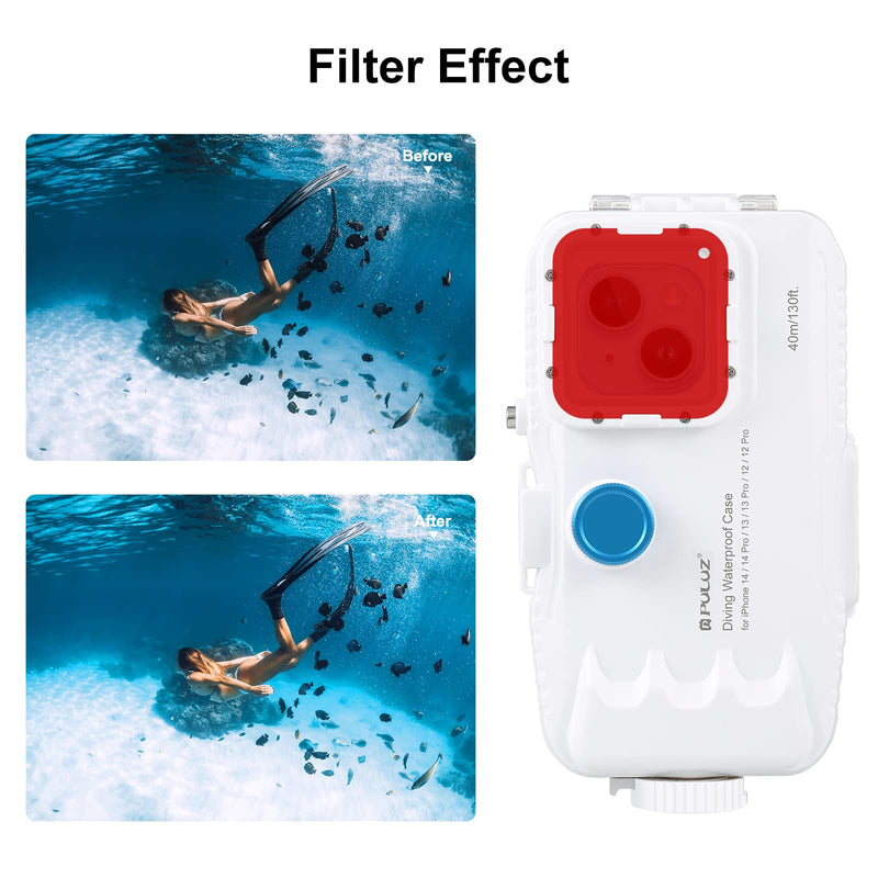  [AUSTRALIA] - PULUZ Diving Case for iPhone 14/14 Pro / 13/13 Pro / 12/12 Pro, Professional Underwater Photography Housings Case [40m/131ft] with One-Way Valve Photo Video Taking Underwater Housing Case White