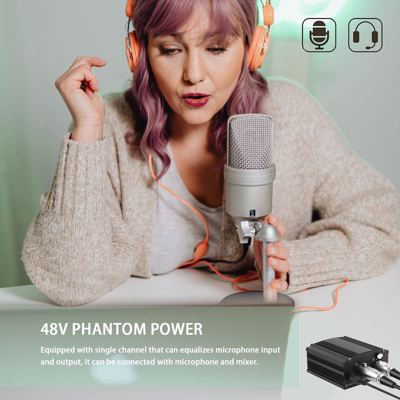  [AUSTRALIA] - 48V Phantom Power Supply with 5 feet Adapter, 8.2 feet Bonus+XLR 3 Pin Microphone Cable for Any Condenser Microphone Music Recording Equipment (Black) Black